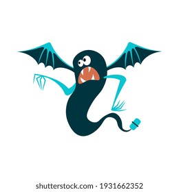 Cartoon angry dark blue monster with wings isolated on white.Design for print, party decoration,  illustration,  sticker.  