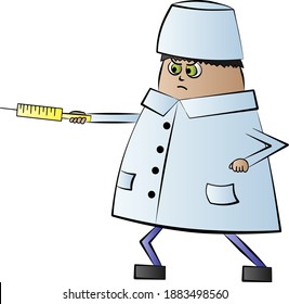 Cartoon angry doctor with syringe in color