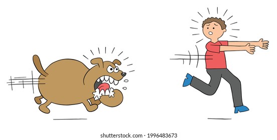 Cartoon angry dog chases man and man runs away, vector illustration. Colored and black outlines.