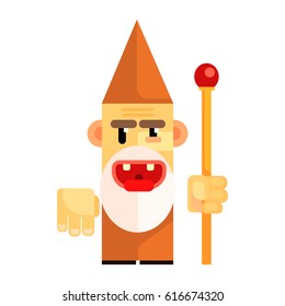 Cartoon angry dwarf holding staff in his hands. Fairy tale, fantastic, magical colorful character