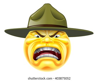 A cartoon angry emoji emoticon army boot camp drill sergeant shouting