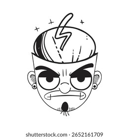 Cartoon Angry Face Character Sketch with Unique Hairstyle and Piercings