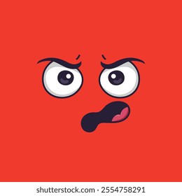 Cartoon angry face displaying negative emotions with furrowed eyebrows, wide open eyes, and a partially open mouth revealing a tongue against a vibrant red background