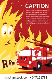 Cartoon angry fire truck and frightened scared fire vector illustration postcard banner