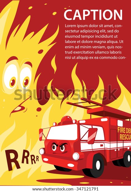 Cartoon angry fire truck and frightened\
scared fire vector illustration postcard\
banner