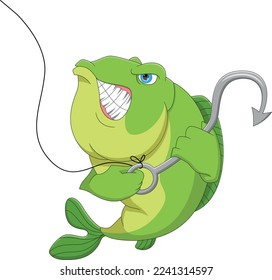 cartoon angry fish with fishing hook