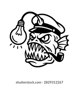 Cartoon angry fish wearing pirate hat smoking pipe with light bulb