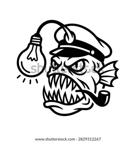 Cartoon angry fish wearing pirate hat smoking pipe with light bulb