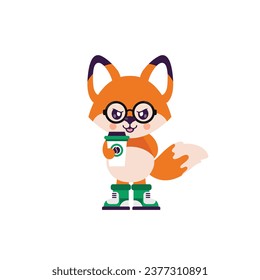 cartoon angry fox illustration with glasses and shoes and cup of coffee