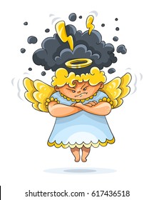 Cartoon angry furious guardian angel funny character with wings and nimbus. Black clouds thunderstorm lightnings over head, isolated white background. Vector illustration.