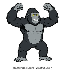 cartoon angry gorilla primate stand wild animal character flat color vector illustration template design