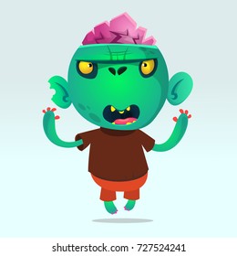 Cartoon angry green zombie. Halloween vector illustration of happy monster