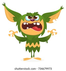 Cartoon Angry Gremlin. Halloween Vector Illustration Of Furry Monster