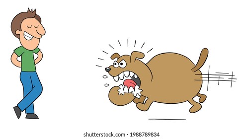 Cartoon angry and huge dog runs to bite the man, but the man is not afraid, vector illustration. Black outlined and colored.