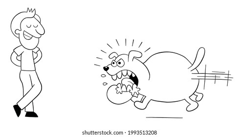 Cartoon angry and huge dog runs to bite the man, but the man is not afraid, vector illustration. Black outlined and white colored.