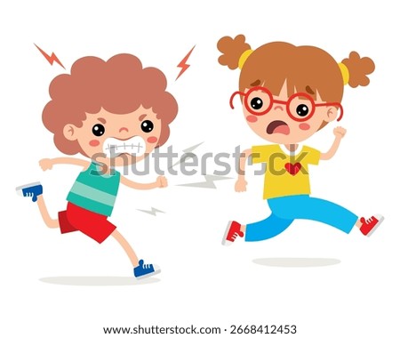 Cartoon Angry Kid Chasing Friend