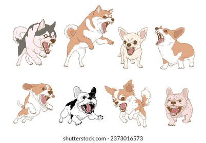 cartoon angry mad dog barking set ,isolated on white background.