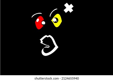 Cartoon wütende Mann Gesicht mit roten und gelben Augen sieht lustig einzeln auf schwarzem Hintergrund aus.