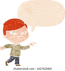 caricatura de un hombre enojado que señala con burbuja de habla en un estilo retro angustiado y texturado