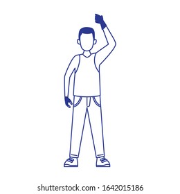 cartoon angry man standing with arm up over white background, flat design, vector illustration