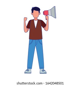 Cartoon-wütender Mann mit Megaphon auf weißem Hintergrund, buntes Design, Vektorillustration-Illustration