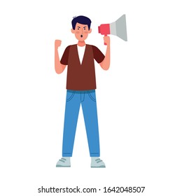 cartoon angry man using a megaphone over white background, vector illustration