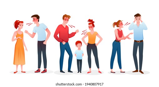 Cartoon angry man and woman have argument, quarreling before divorce, crying boy son child standing between divorcing parents isolated on white. Family or couple people quarrel vector illustration.