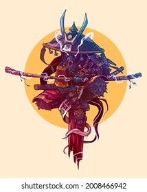 Cartoon Angry Monkey King Character. Japanese Samurai In Traditional Armor And Hat With Katana Sword And Lightnings. Colorful Vector On Yellow Background.