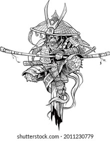 Cartoon angry monkey king character. Samurai in traditional armor and hat with katana sword and lightnings. Japanese text on the hat means 'Monkey'. Black and white vector.