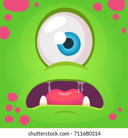Cartoon angry monster face avatar. Vector Halloween green monster with one eye. Monster mask for party