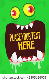 Cartoon angry monster face with funy expression opened mouth blank space banner for text. Vector illustration isolated. 
Halloween design 