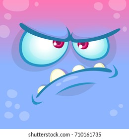 Cartoon angry monster face. Vector Halloween blue monster emotion avatar. Design for logo or emblem or t-shirt