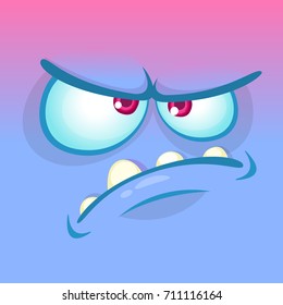 Cartoon angry monster face. Vector Halloween blue monster emotion square avatar