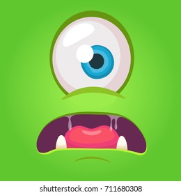 Cartoon angry monster face. Vector Halloween green monster with one eye. Monster mask 