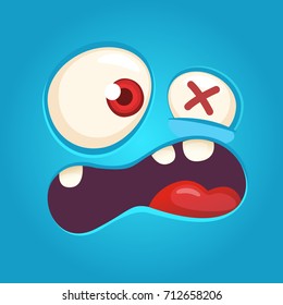 Cartoon angry monster face. Vector Halloween blue monster scared. Monster mask 