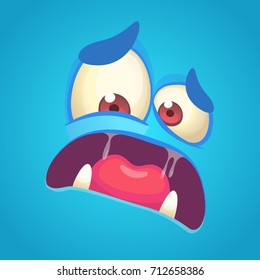 Cartoon angry monster face. Vector blue monster scared avatar