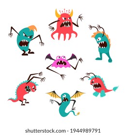 Cartoon angry  monsters isolated on white.Design element set for print, party decoration,  illustration,  sticker.