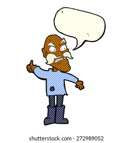 cartoon angry old man in patched clothing with speech bubble