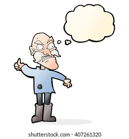 cartoon angry old man in patched clothing with thought bubble