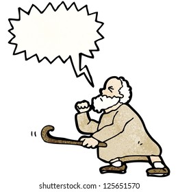 cartoon angry old man with walking stick