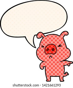 cartoon angry pig pointing with speech bubble in comic book style