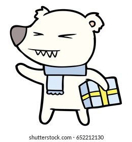 cartoon angry polar bear with xmas present