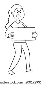 Cartoon angry protester woman holding sign and walking, vector illustration. Black outlined and white colored.