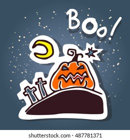 Cartoon angry pumpkin and moon, on a dark blue background.