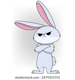 Cartoon of an angry rabbit with a grumpy expression and crossed arms. Perfect for humorous and animal-themed designs.