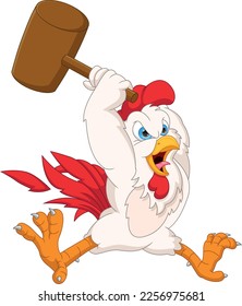 cartoon angry rooster with a wooden hammer