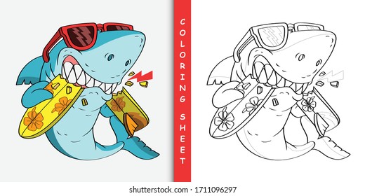 Cartoon Angry Shark Bite Surfboard, Coloring Sheet For Stay Home Activity