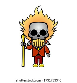 Cartoon Angry Skull Design is cute orange hair holding a stick