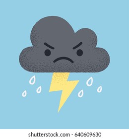 Cartoon Angry Storm Cloud With Lightning And Rain. Cute Retro Style Vector Illustration.