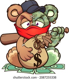 Cartoon Angry Teddy Bear Holding A Baseball Bat And Keeping A Big Bag On Money. Vector Clip Art Illustration With Simple Gradients. All On A Single Layer.
